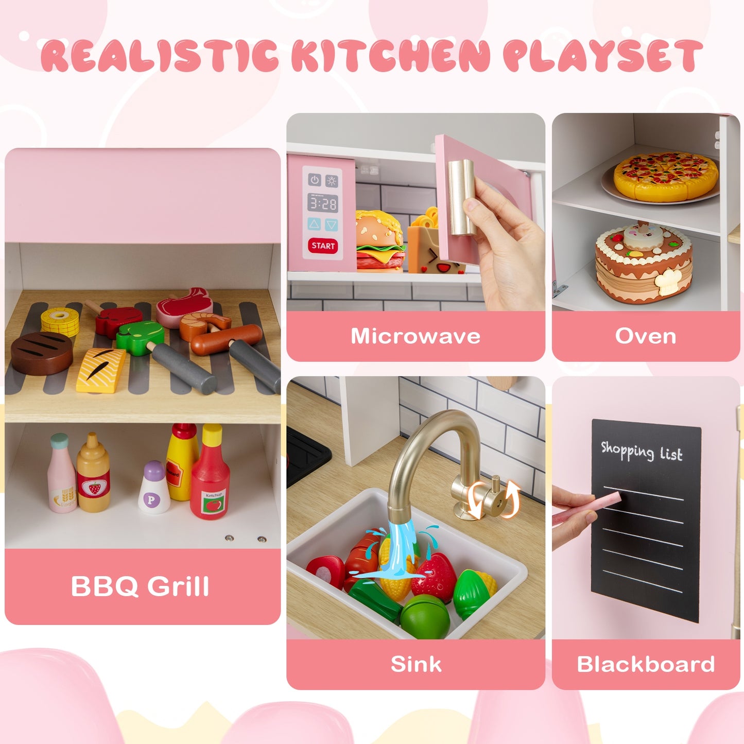 Wooden Pretend Play Kitchen with Ice Maker Range Hood and Blackboard-Pink Kids Crystal