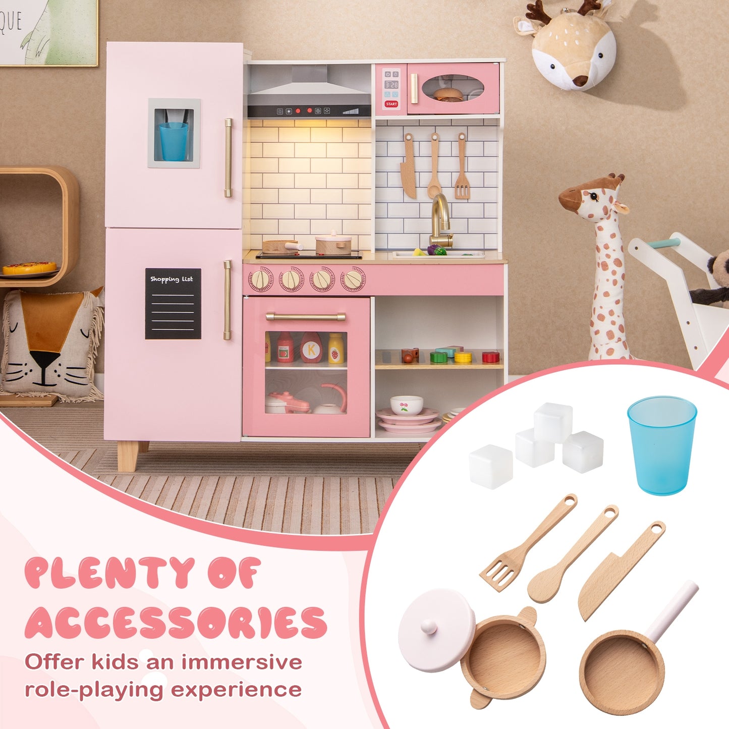 Wooden Pretend Play Kitchen with Ice Maker Range Hood and Blackboard-Pink Kids Crystal
