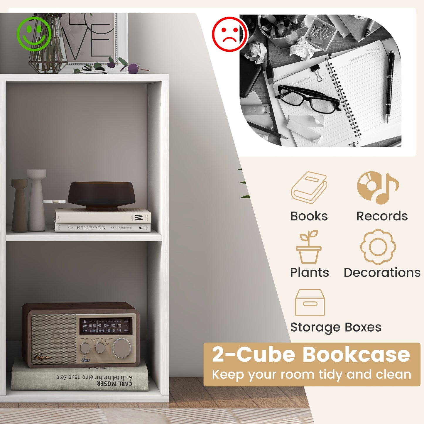 2 Cube Bookshelf with Back Guardrail for Living Room Bedroom-White Kids Crystal