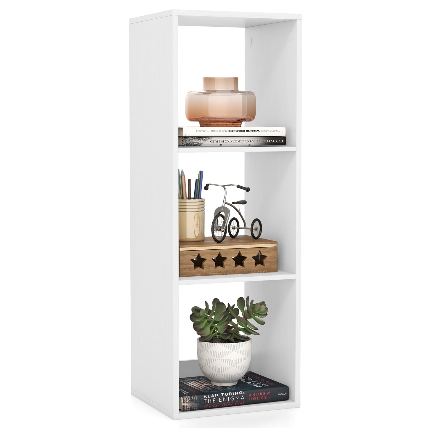 3 Cube Bookshelf with Back Guardrail for Living Room Bedroom-White Kids Crystal