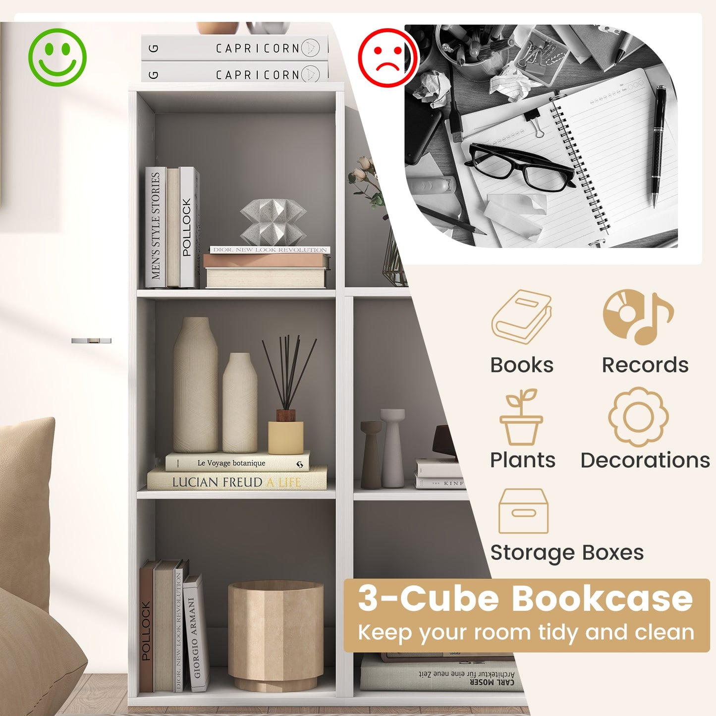 3 Cube Bookshelf with Back Guardrail for Living Room Bedroom-White Kids Crystal