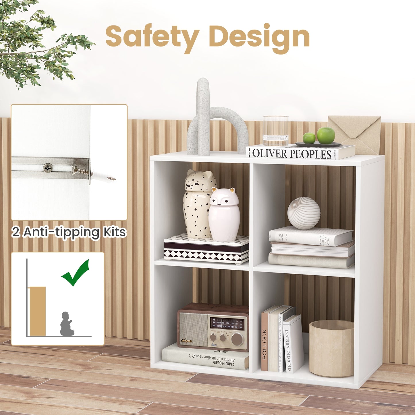 4 Cube Bookshelf with Back Guardrail for Living Room Bedroom-White Kids Crystal