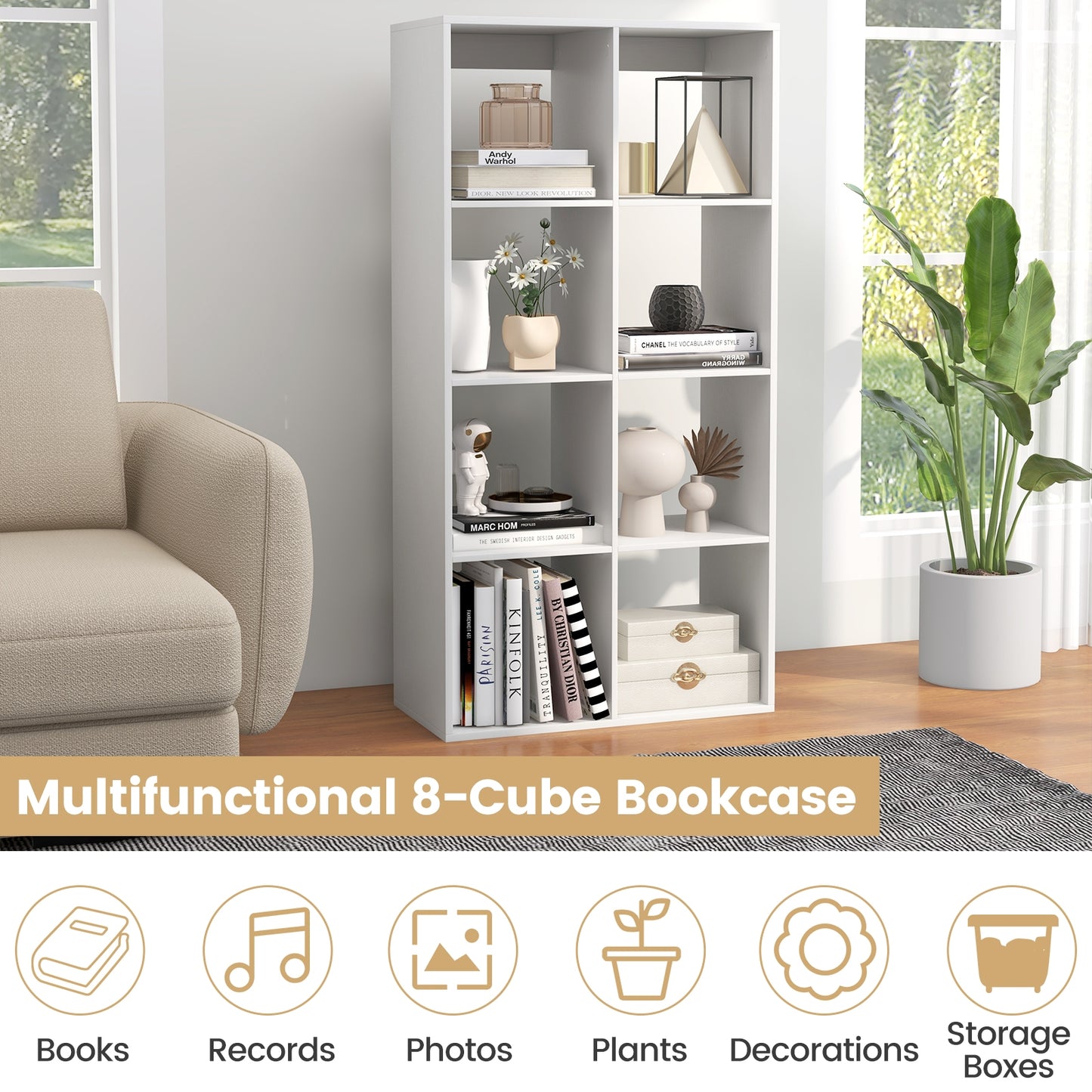 8 Cube Bookshelf with Back Guardrail for Living Room Bedroom-White Kids Crystal