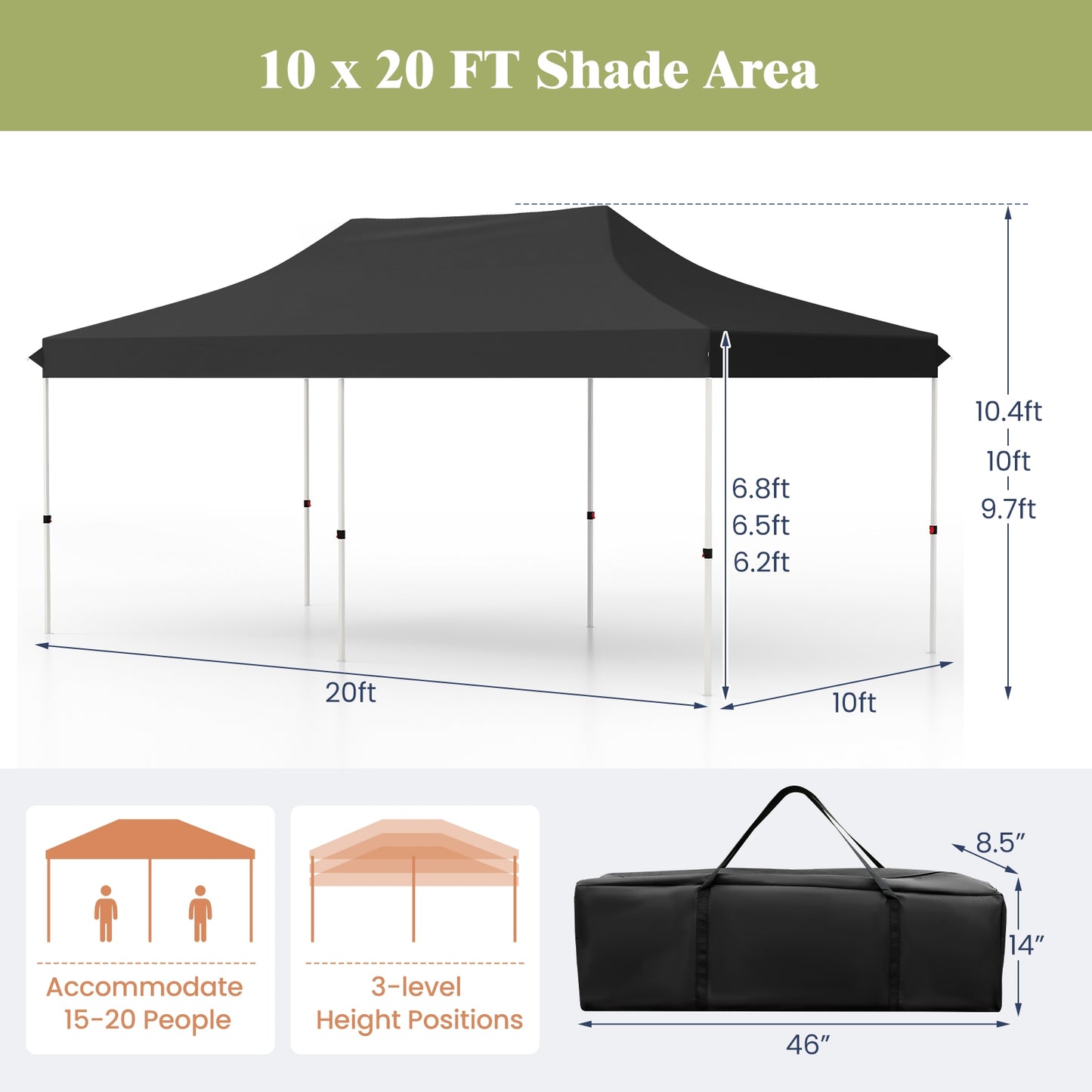 10 X 20 FT Pop up Canopy Tent Foldable Portable Outdoor Gazebo with Carry Bag-Black Kids Crystal