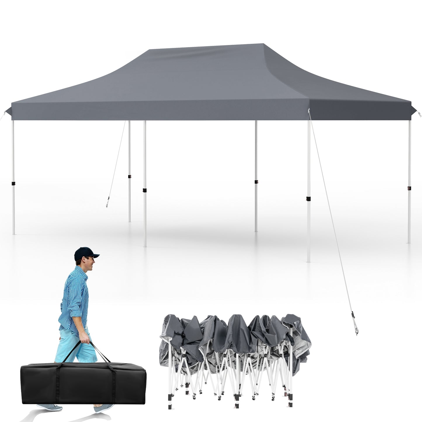 10 X 20 FT Pop up Canopy Tent Foldable Portable Outdoor Gazebo with Carry Bag-Gray Kids Crystal