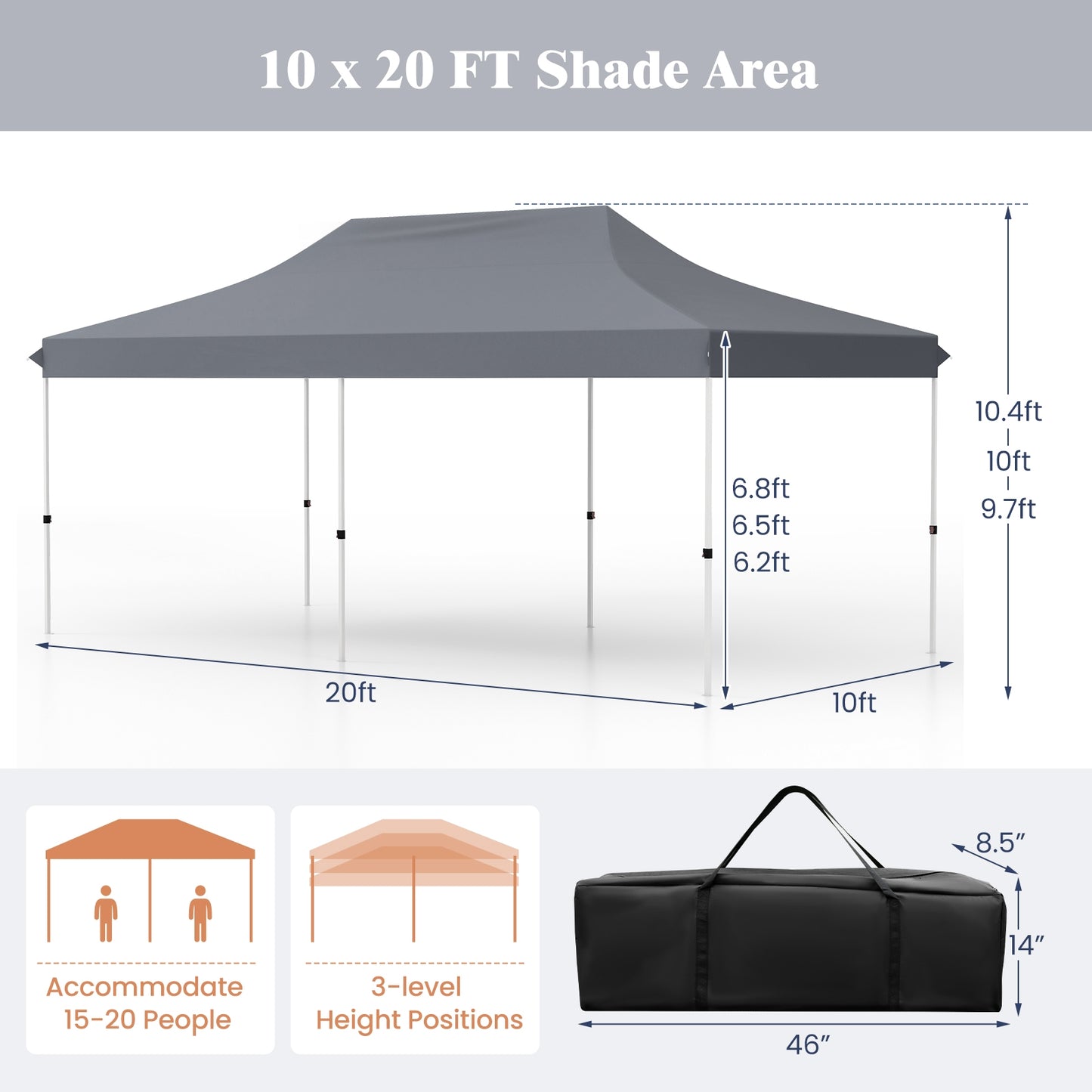 10 X 20 FT Pop up Canopy Tent Foldable Portable Outdoor Gazebo with Carry Bag-Gray Kids Crystal