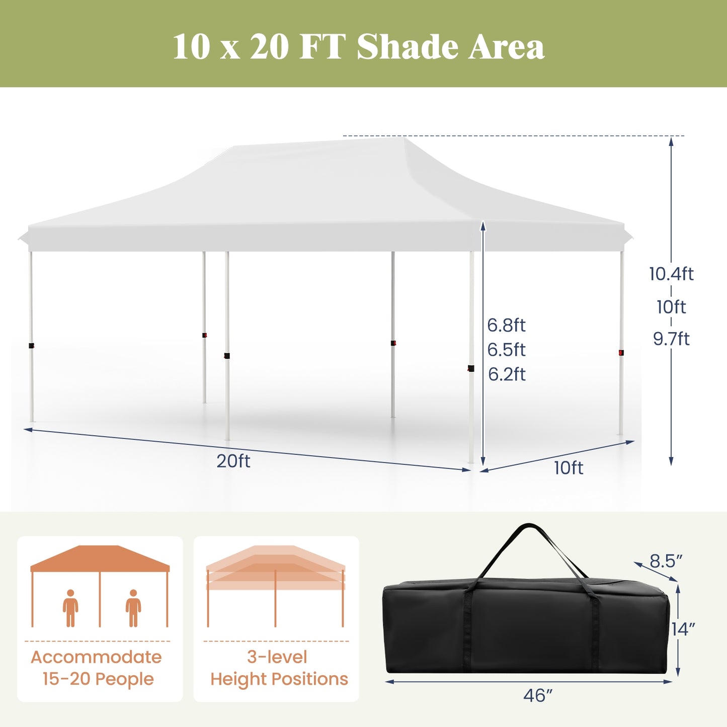 10 X 20 FT Pop up Canopy Tent Foldable Portable Outdoor Gazebo with Carry Bag-White Kids Crystal