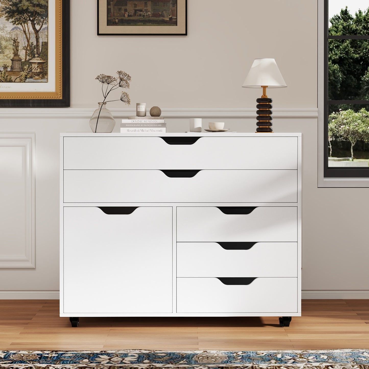 Modern Vertical 5-Drawer Mobile Chest with Door 5 Casters-White Kids Crystal