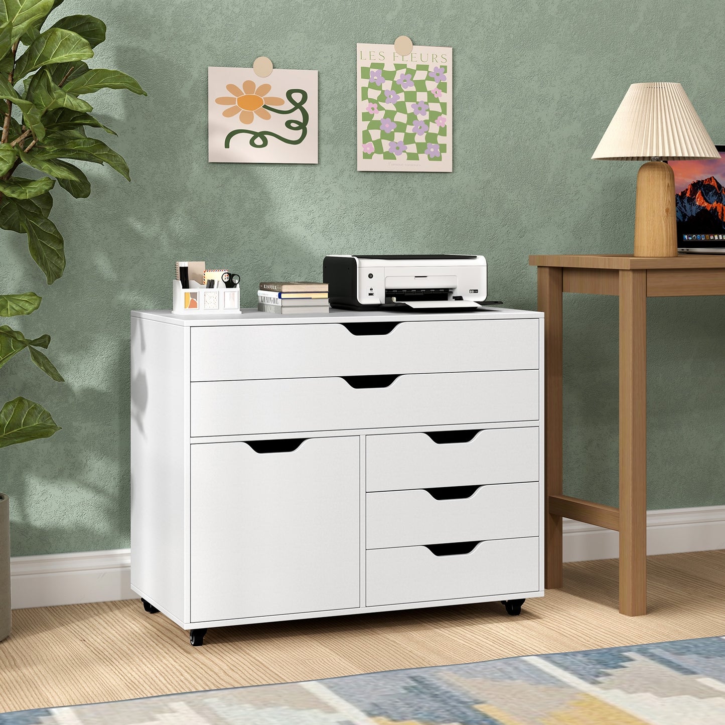 Modern Vertical 5-Drawer Mobile Chest with Door 5 Casters-White Kids Crystal