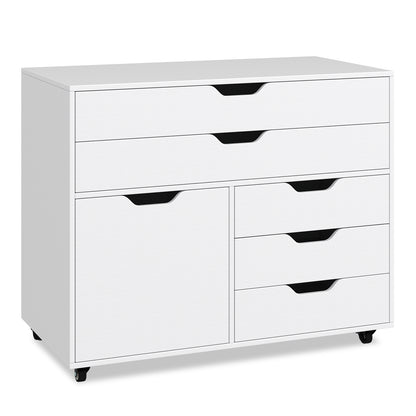 Modern Vertical 5-Drawer Mobile Chest with Door 5 Casters-White