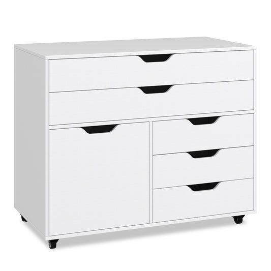 Modern Vertical 5-Drawer Mobile Chest with Door 5 Casters-White Kids Crystal