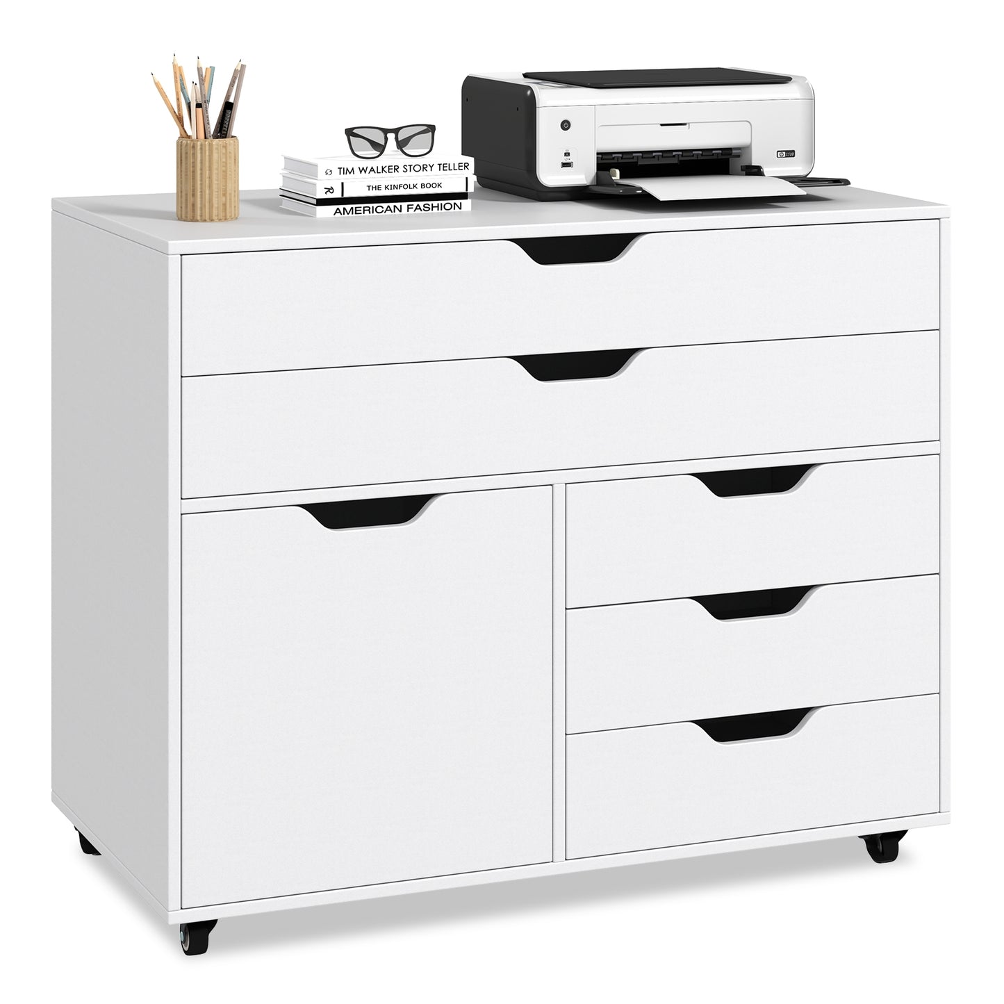Modern Vertical 5-Drawer Mobile Chest with Door 5 Casters-White Kids Crystal