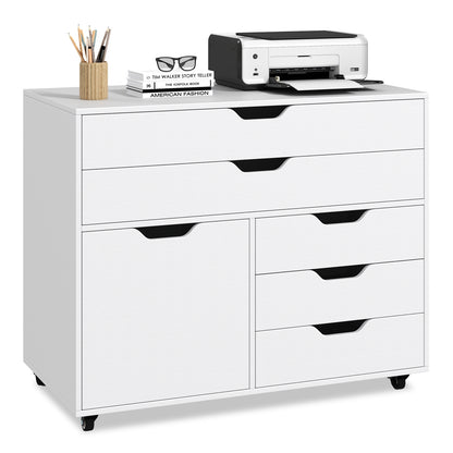 Modern Vertical 5-Drawer Mobile Chest with Door 5 Casters-White