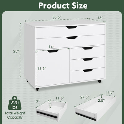 Modern Vertical 5-Drawer Mobile Chest with Door 5 Casters-White
