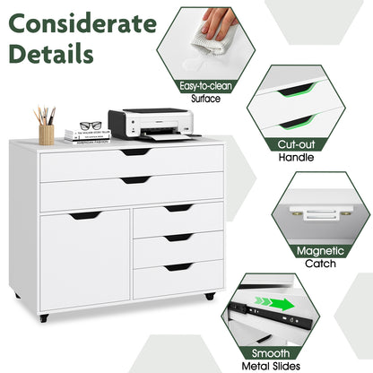 Modern Vertical 5-Drawer Mobile Chest with Door 5 Casters-White