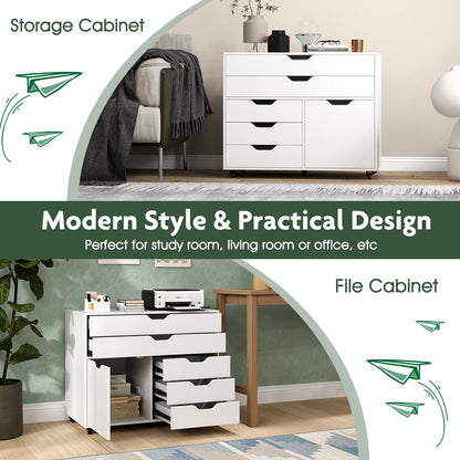 Modern Vertical 5-Drawer Mobile Chest with Door 5 Casters-White