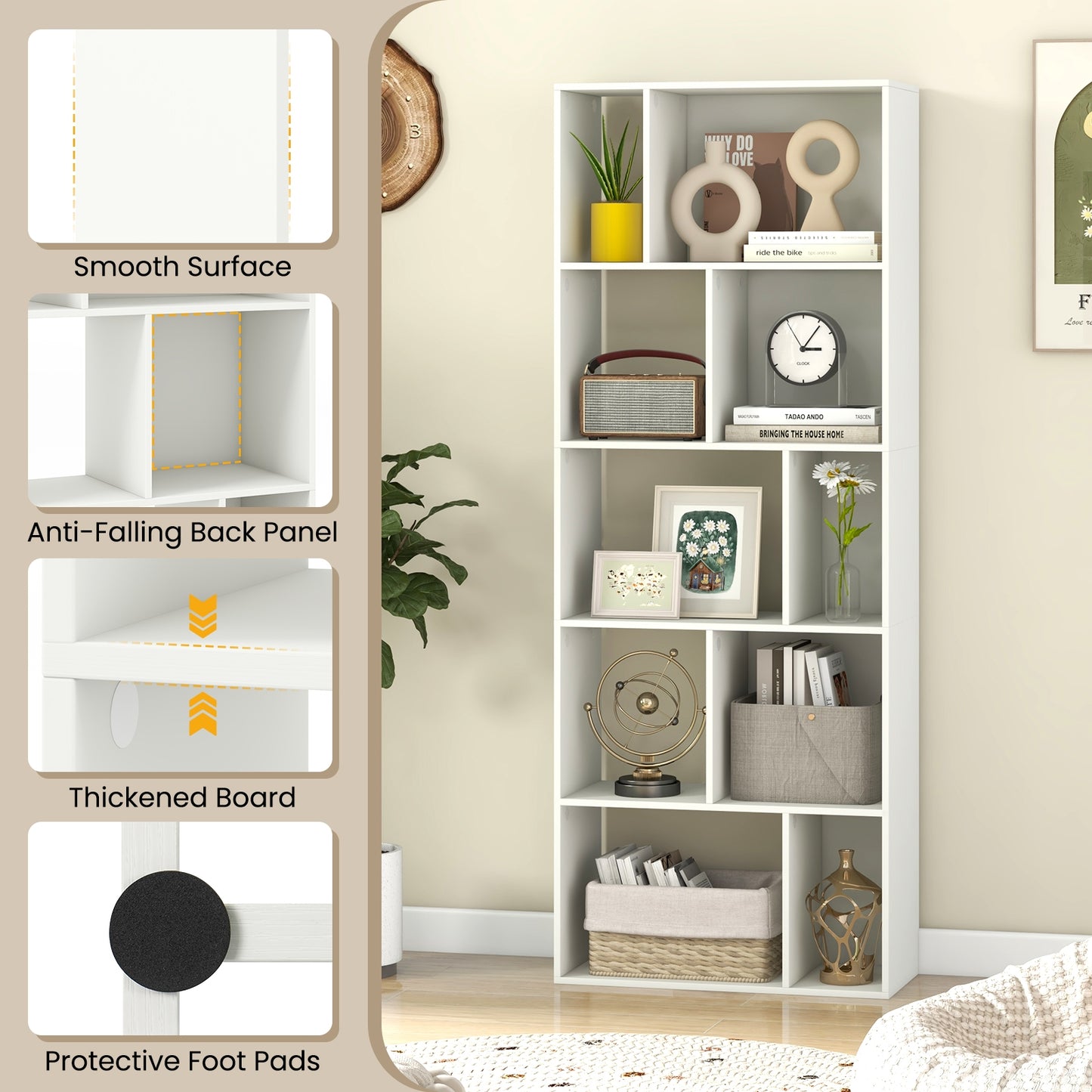 63 Inch 5-Tier Geometric 10-Cube Bookshelf Tall Bookcase-White Kids Crystal
