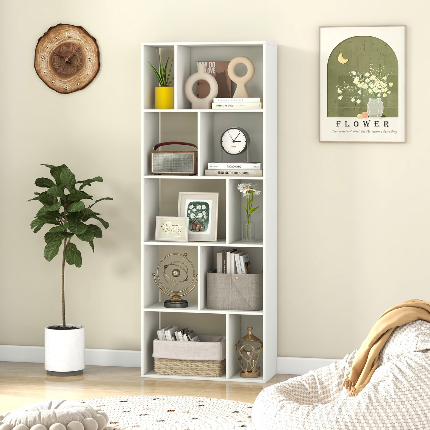 63 Inch 5-Tier Geometric 10-Cube Bookshelf Tall Bookcase-White Kids Crystal