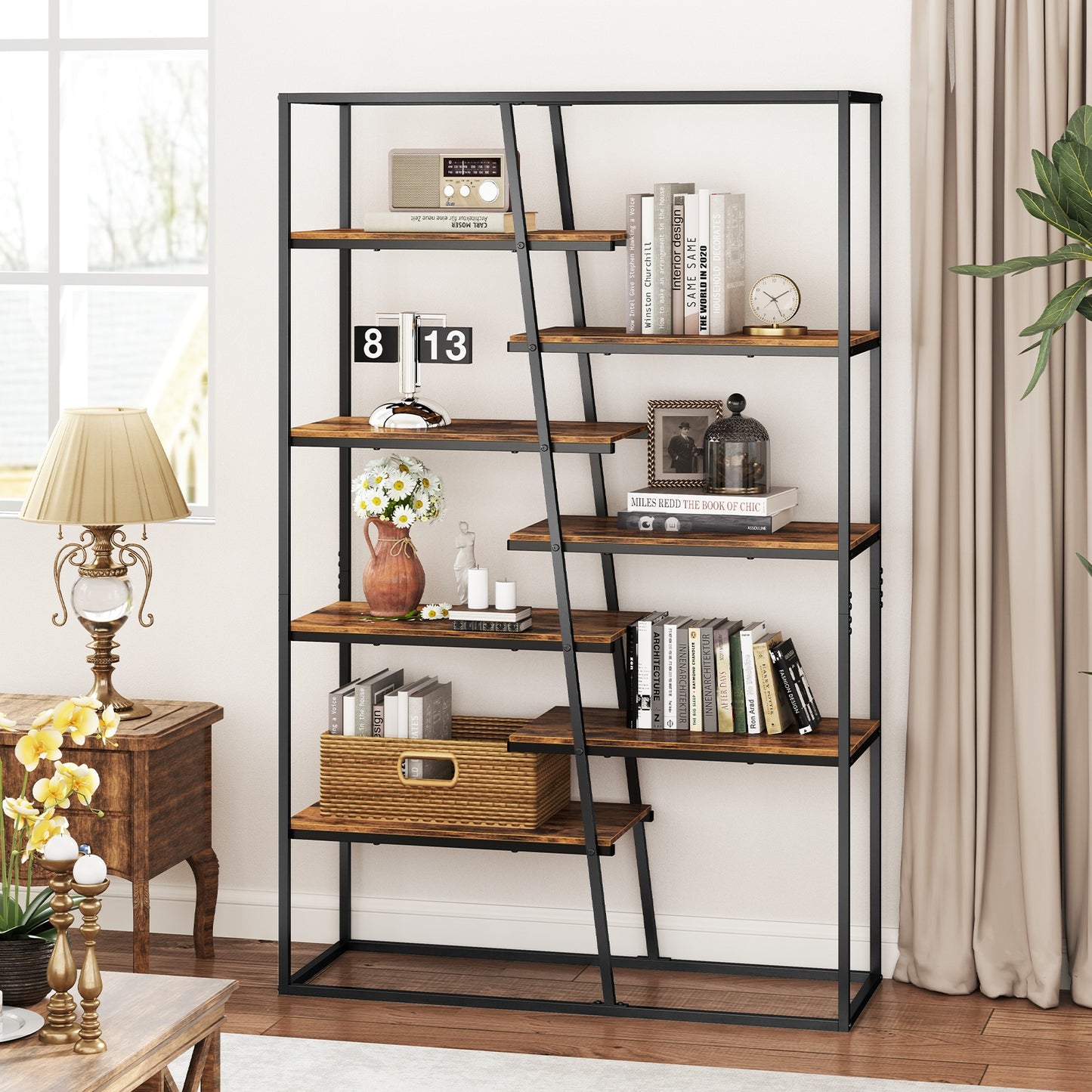 71-Inch 7-Tier Industrial Etagere Bookcase with Heavy-duty Metal Frame-Rustic Brown Kids Crystal