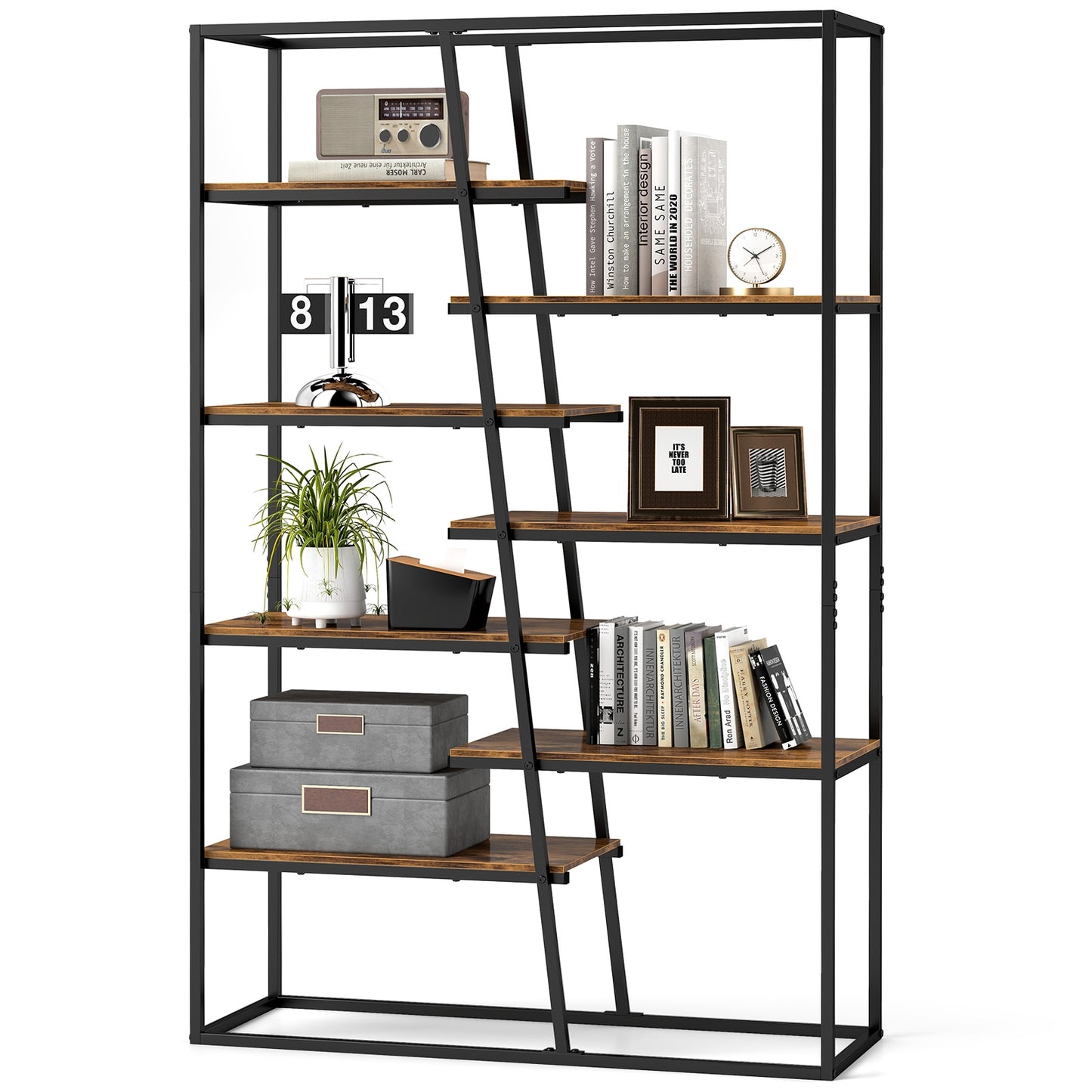 71-Inch 7-Tier Industrial Etagere Bookcase with Heavy-duty Metal Frame-Rustic Brown Kids Crystal