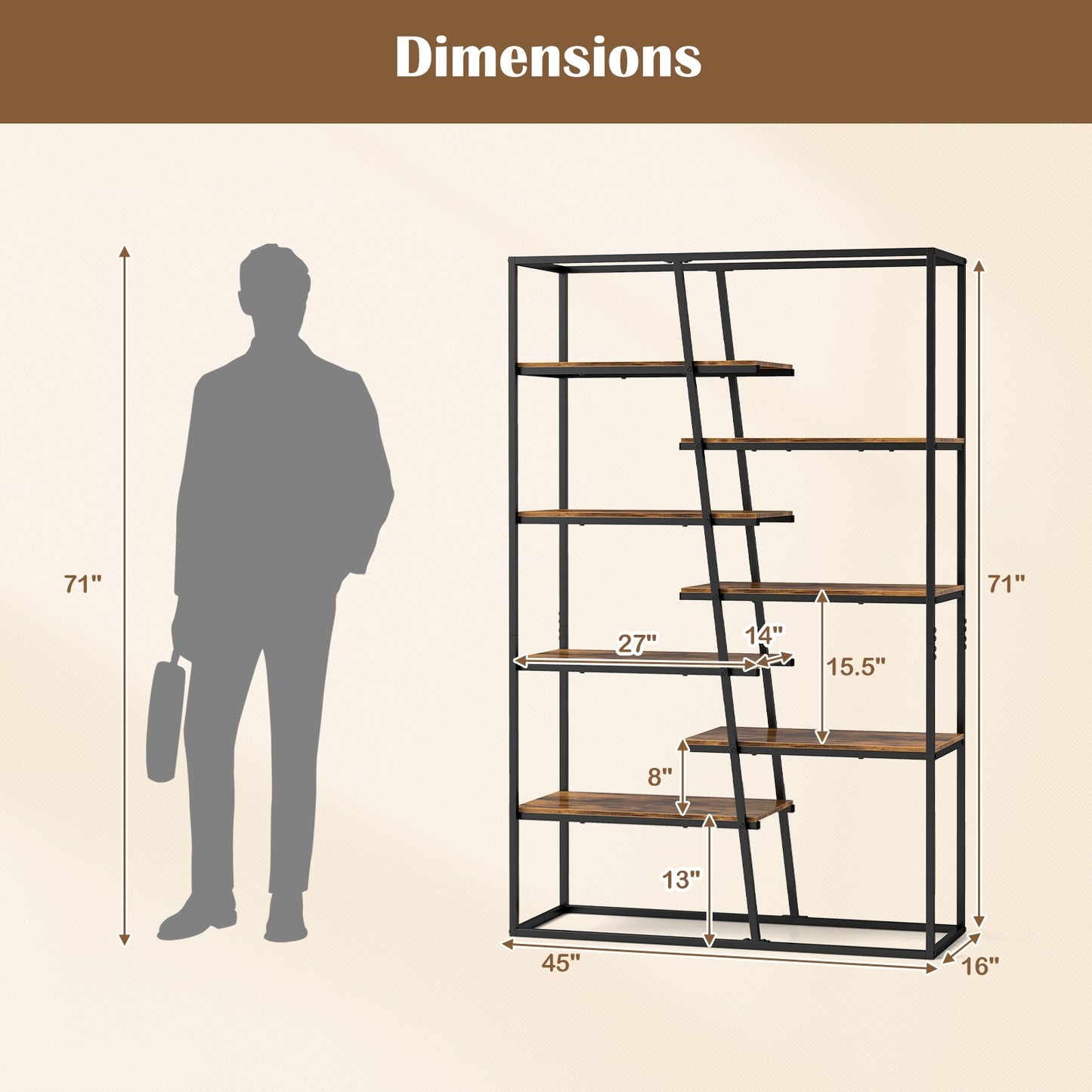 71-Inch 7-Tier Industrial Etagere Bookcase with Heavy-duty Metal Frame-Rustic Brown Kids Crystal
