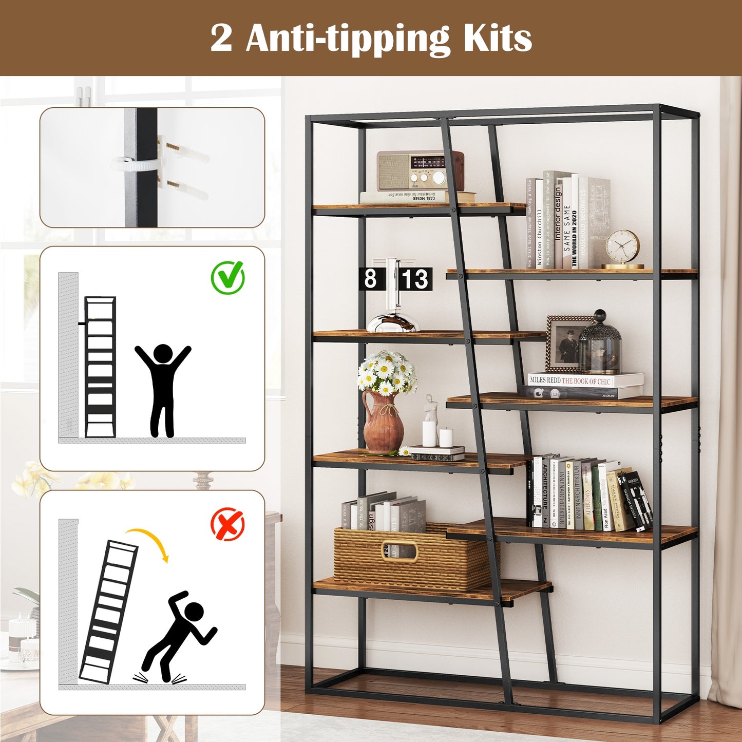 71-Inch 7-Tier Industrial Etagere Bookcase with Heavy-duty Metal Frame-Rustic Brown Kids Crystal