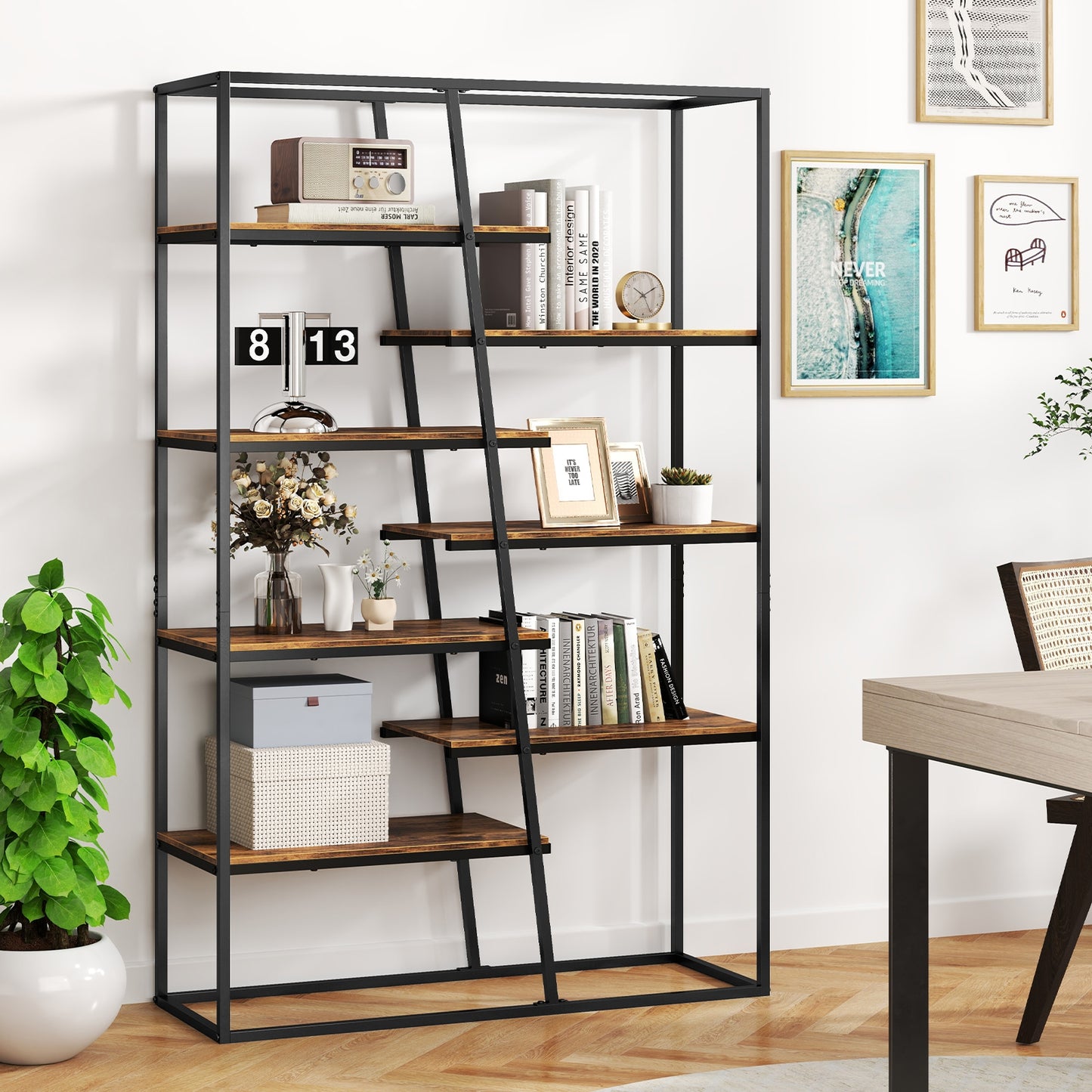 71-Inch 7-Tier Industrial Etagere Bookcase with Heavy-duty Metal Frame-Rustic Brown Kids Crystal