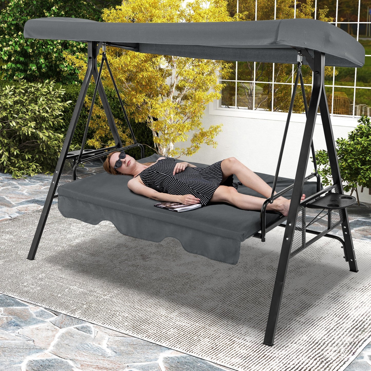 Convertible 3-Seat Patio Porch Swing Chair to Flat Bed with Adjustable Canopy-Gray Kids Crystal