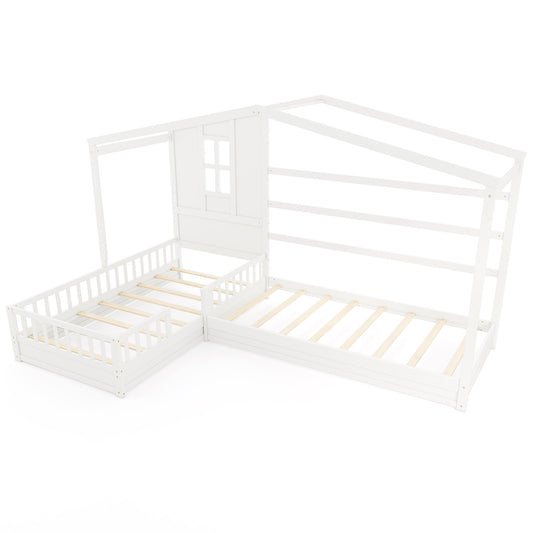 L-shaped Double Twin Beds House Platform Beds with Fences Corner Bed Frame-White