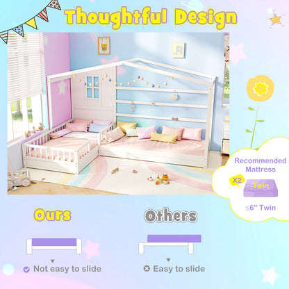 L-shaped Double Twin Beds House Platform Beds with Fences Corner Bed Frame-White