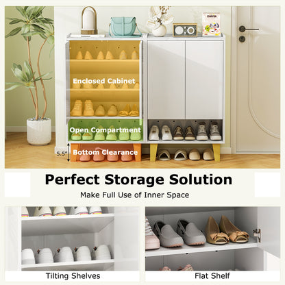 5-Tier Shoe Cabinet with Faux Marble Countertop and Flat Tilting Shelves-White