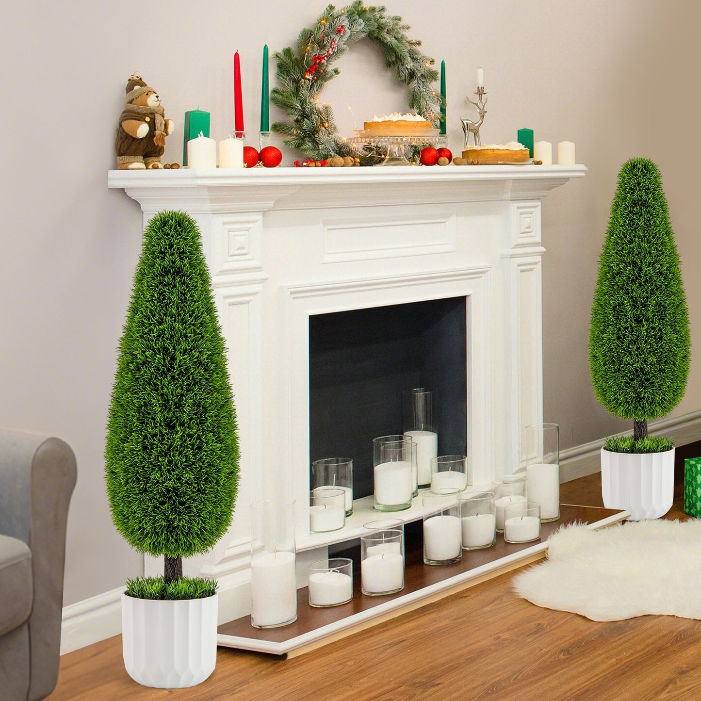 2 Pack 3 Feet Artificial Cedar Teardrop Shaped Bush with Plastic Nursery Pot-Green Kids Crystal