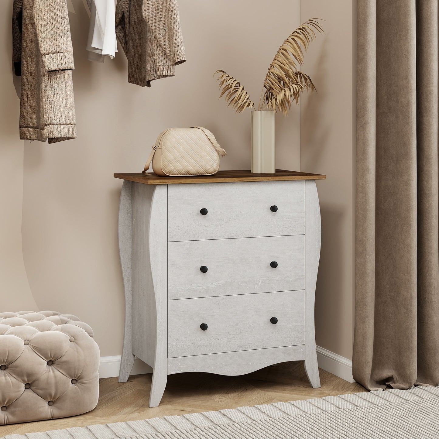 Dresser for Bedroom with 3 Folding Fabric Drawers and Anti-tipping Kit-Gray