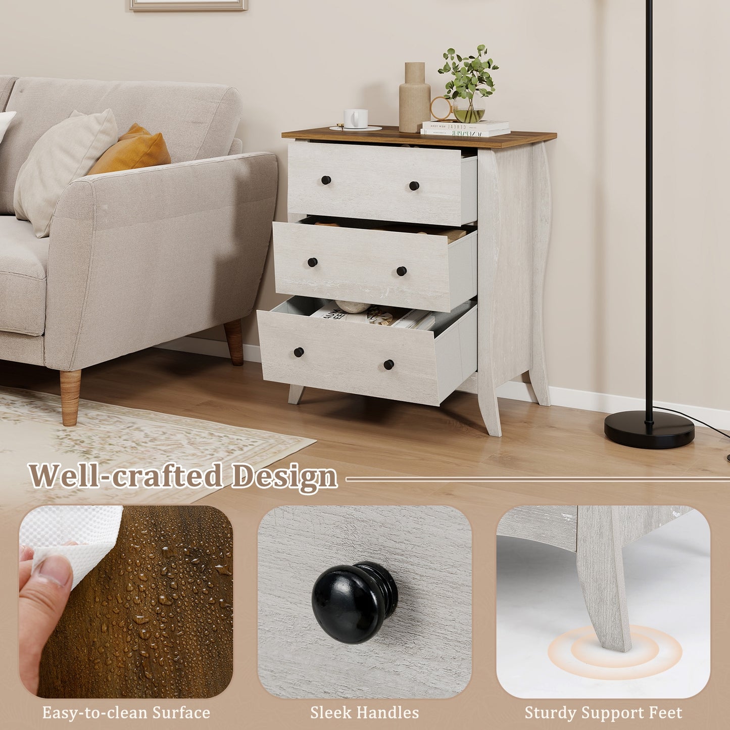 Dresser for Bedroom with 3 Folding Fabric Drawers and Anti-tipping Kit-Gray