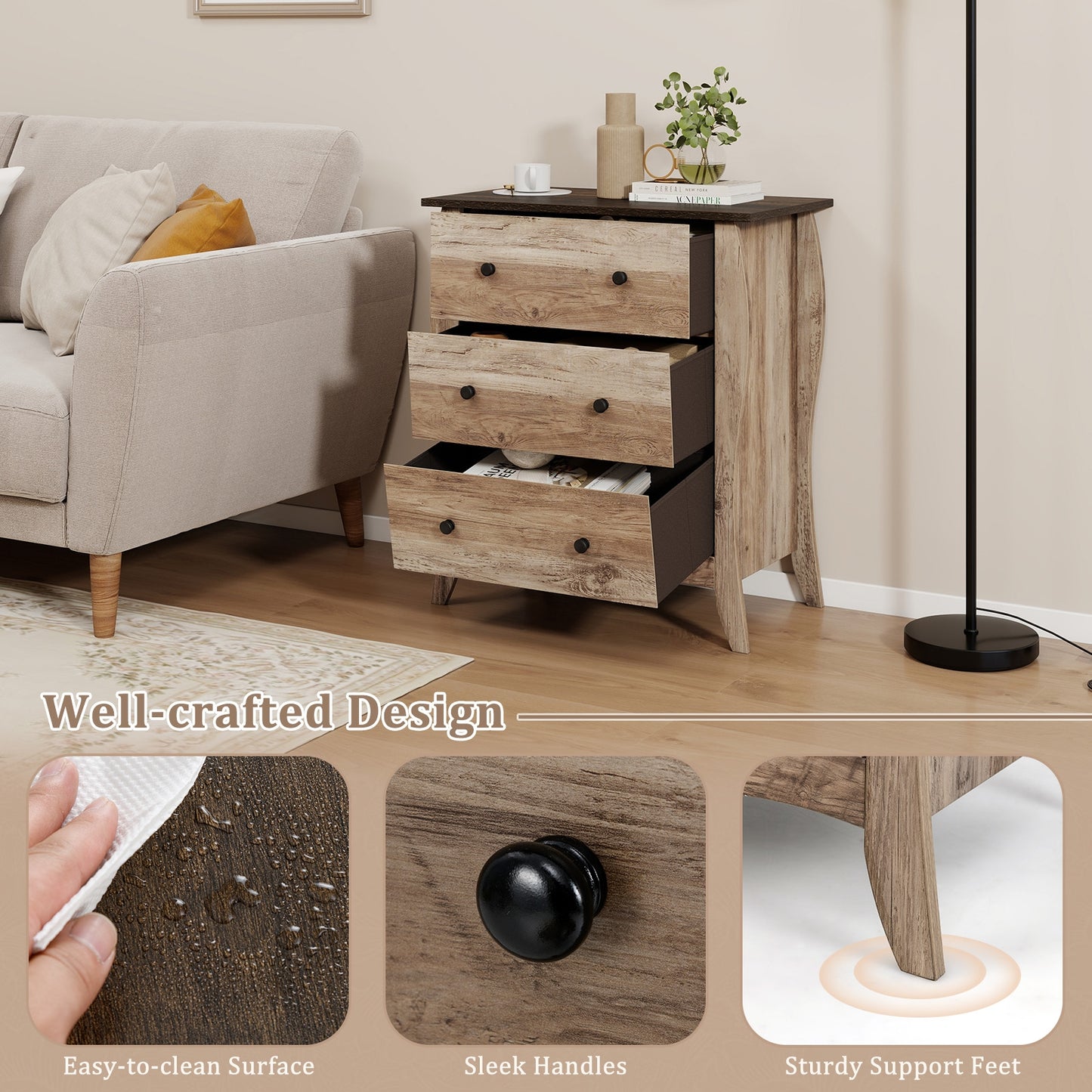 Dresser for Bedroom with 3 Folding Fabric Drawers and Anti-tipping Kit-Brown