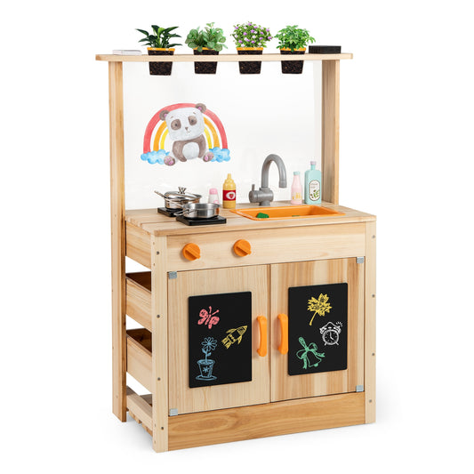Kids Mud Kitchen Fir Wood Playset with Planting Pots and Blackboards-Natural Kids Crystal