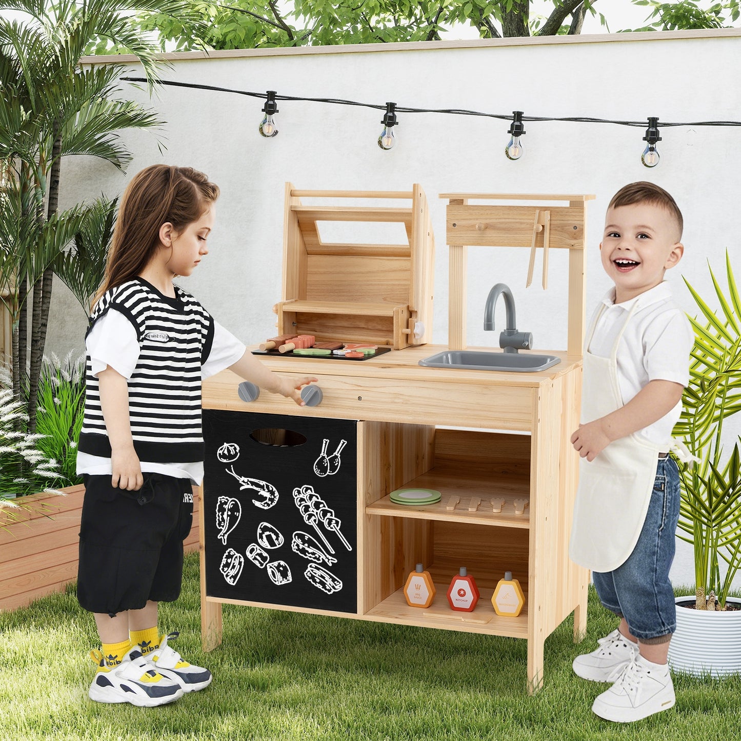 Wooden Barbecue Grill Playset with Chalkboard and Sink and Cabinet-Natural Kids Crystal