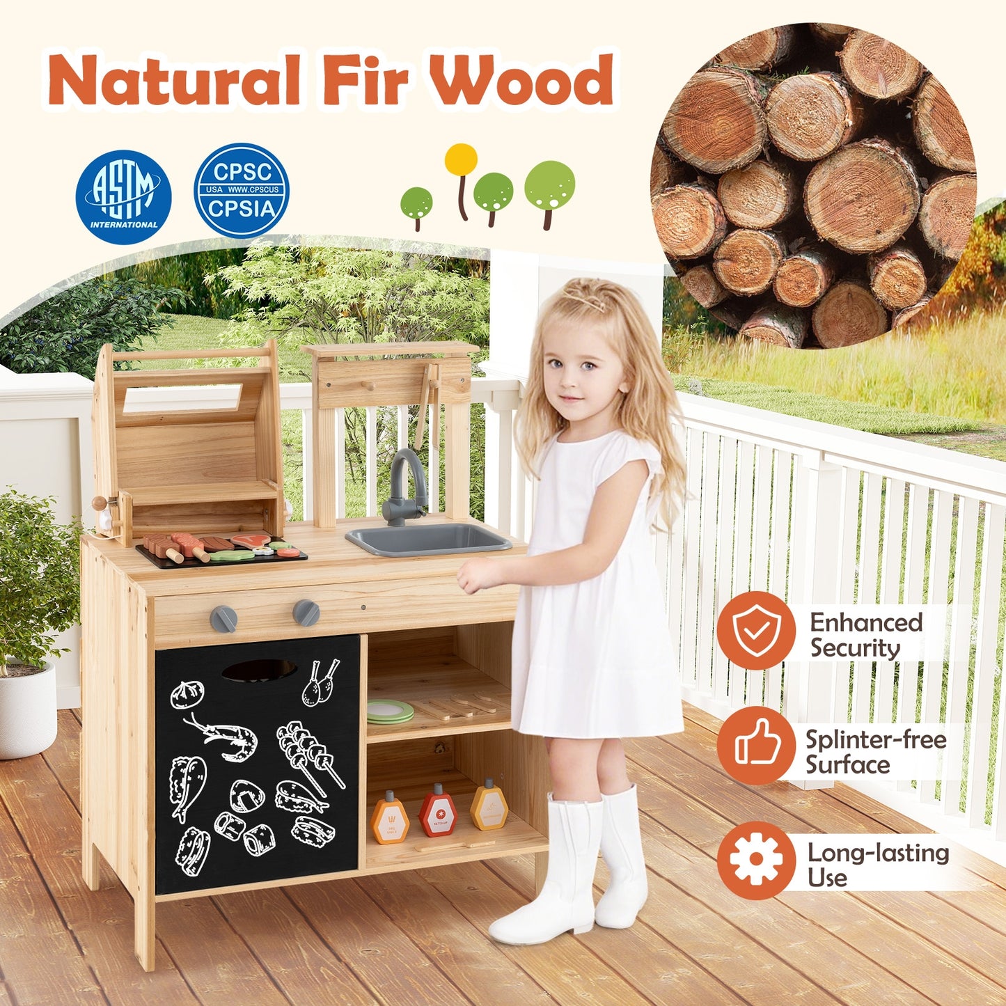 Wooden Barbecue Grill Playset with Chalkboard and Sink and Cabinet-Natural Kids Crystal