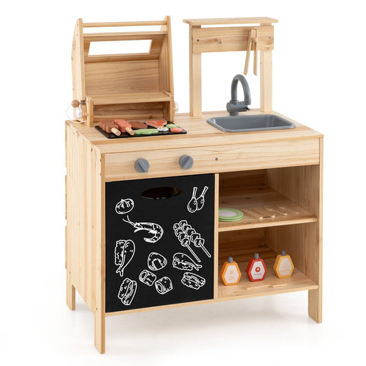 Wooden Barbecue Grill Playset with Chalkboard and Sink and Cabinet-Natural Kids Crystal