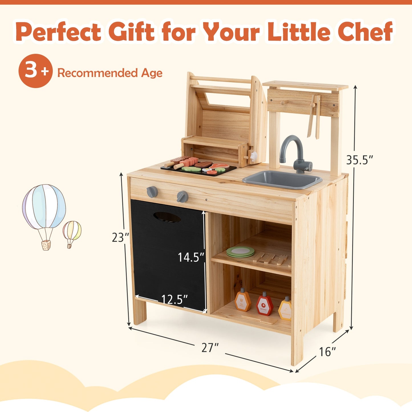 Wooden Barbecue Grill Playset with Chalkboard and Sink and Cabinet-Natural Kids Crystal