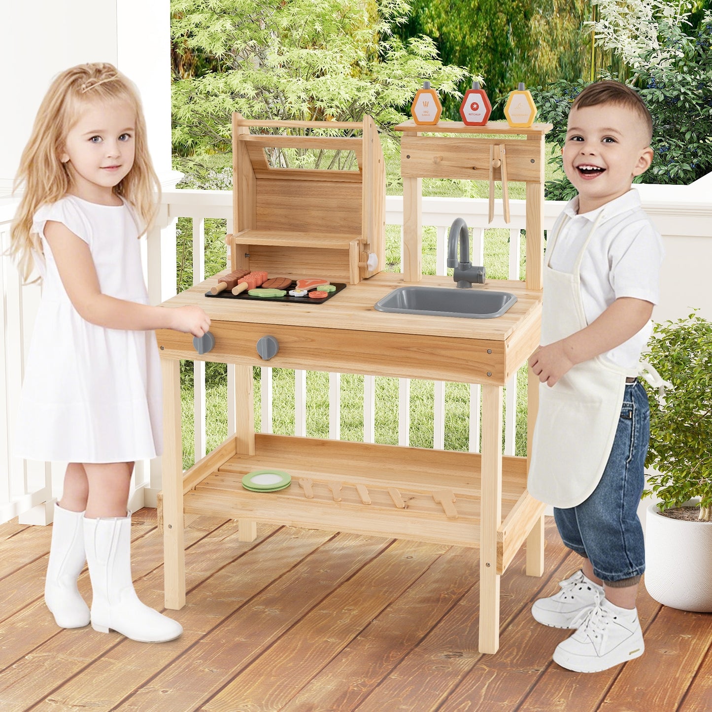 Wooden Barbecue Grill Playset with Play Food and Open Shelves-Natural Kids Crystal