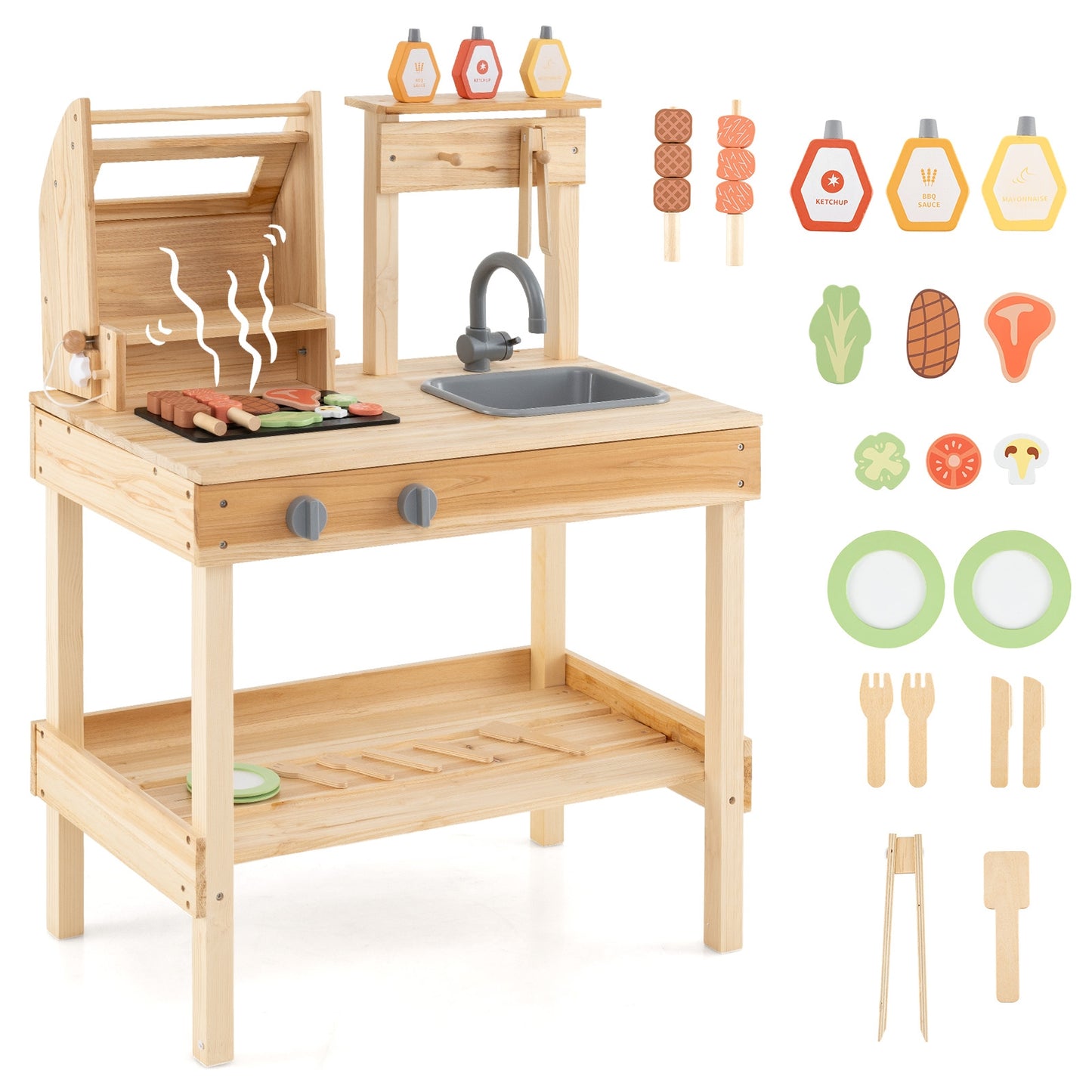 Wooden Barbecue Grill Playset with Play Food and Open Shelves-Natural Kids Crystal