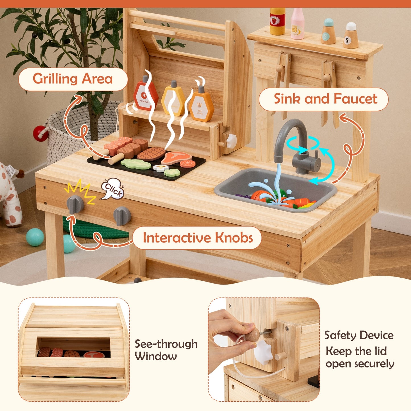 Wooden Barbecue Grill Playset with Play Food and Open Shelves-Natural Kids Crystal