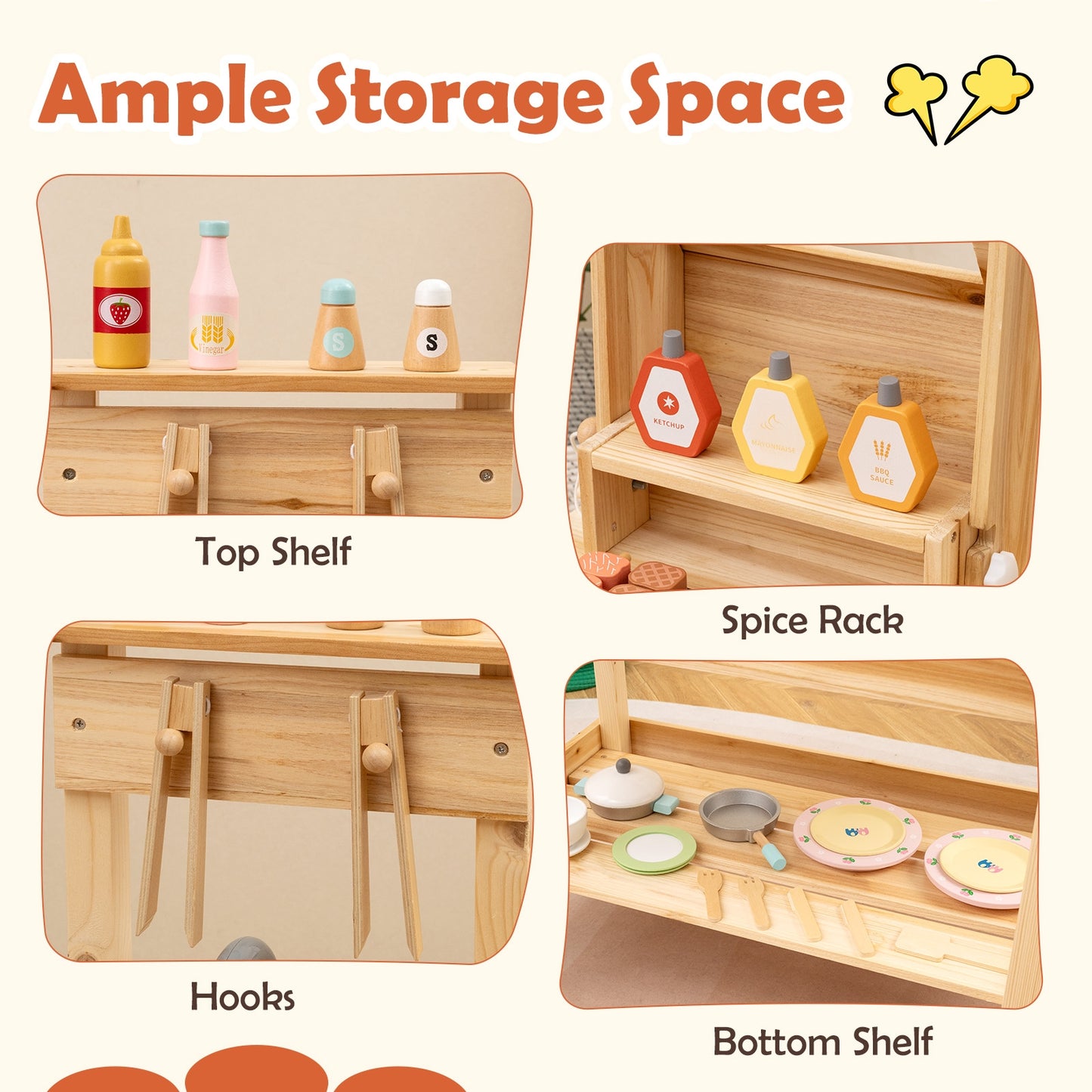 Wooden Barbecue Grill Playset with Play Food and Open Shelves-Natural Kids Crystal