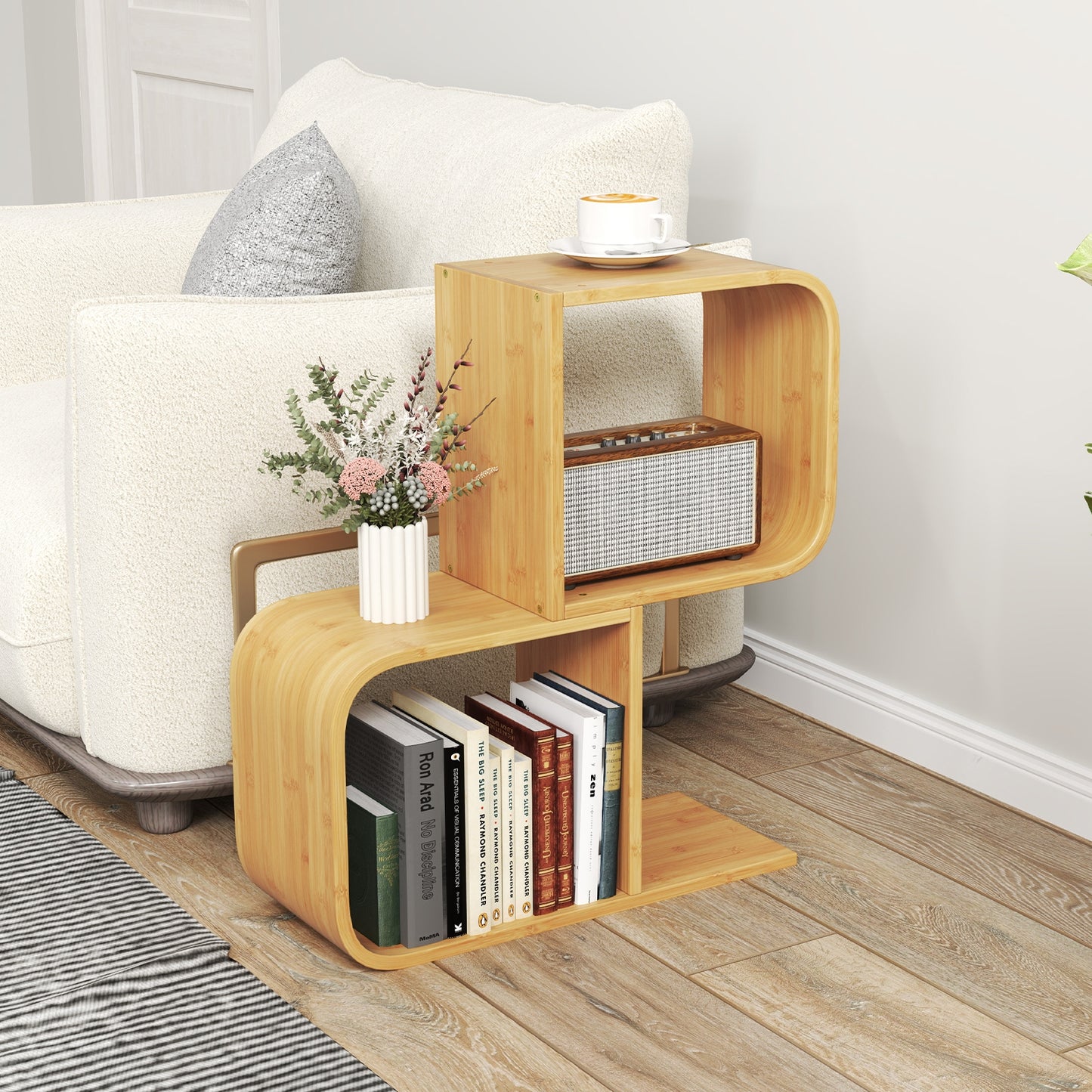 2-Tier S-Shaped Bamboo Bookcase with 2 Open Cubes for Living Room-Natural Kids Crystal