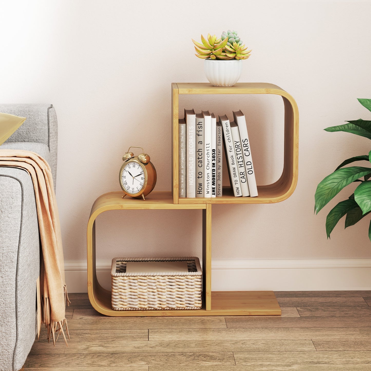 2-Tier S-Shaped Bamboo Bookcase with 2 Open Cubes for Living Room-Natural Kids Crystal