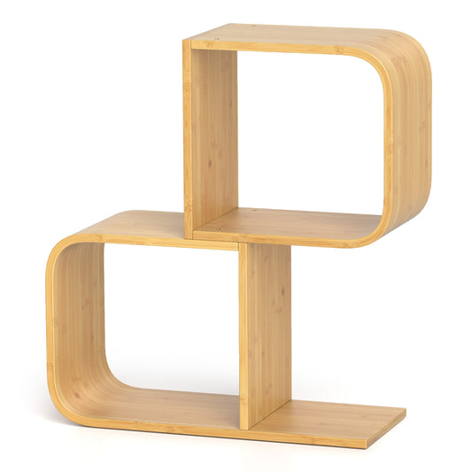 2-Tier S-Shaped Bamboo Bookcase with 2 Open Cubes for Living Room-Natural Kids Crystal