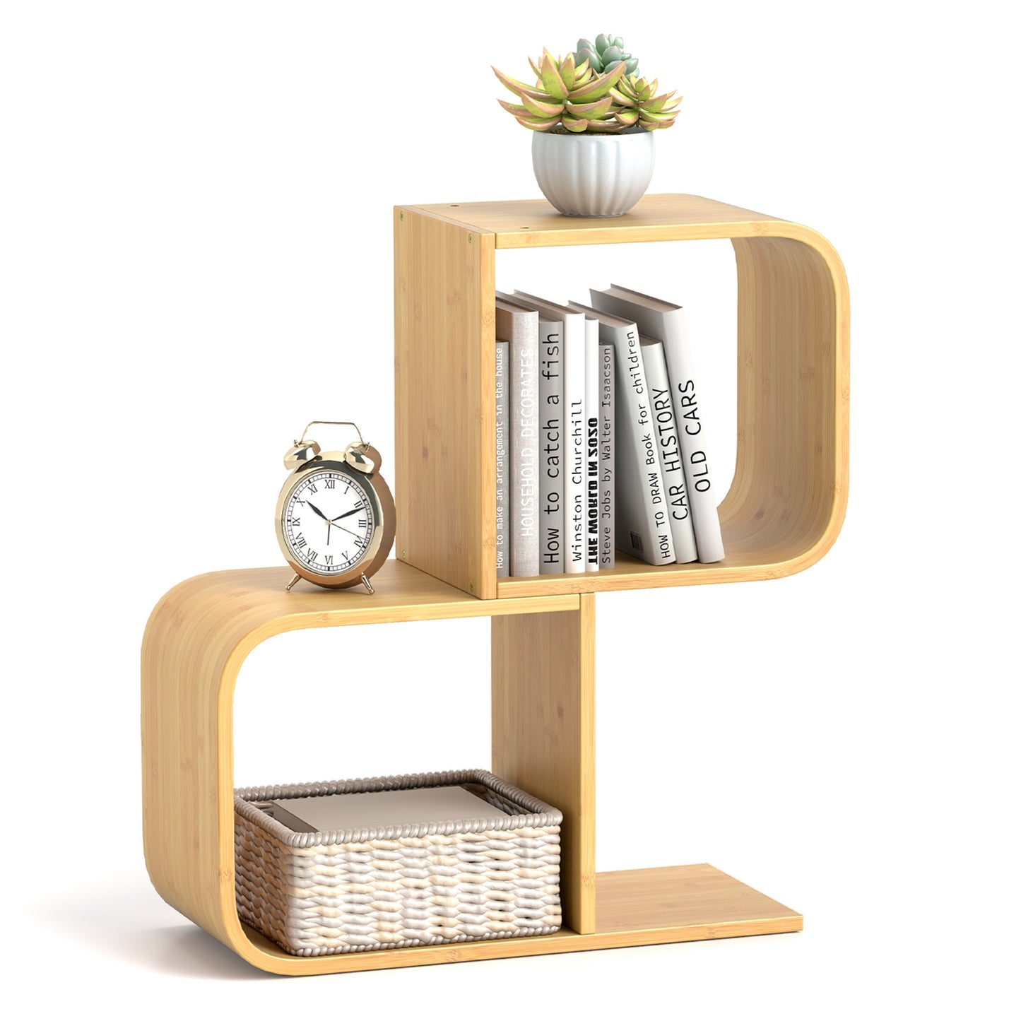 2-Tier S-Shaped Bamboo Bookcase with 2 Open Cubes for Living Room-Natural Kids Crystal