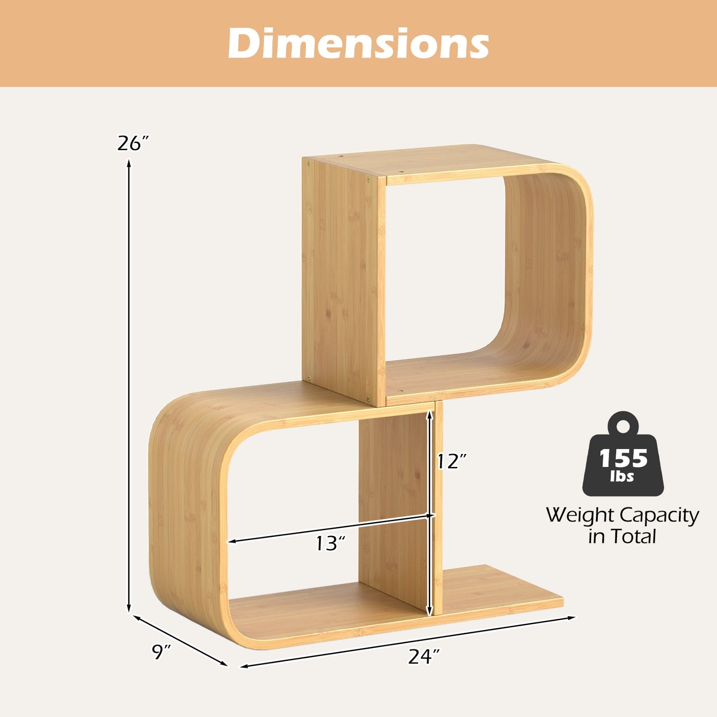 2-Tier S-Shaped Bamboo Bookcase with 2 Open Cubes for Living Room-Natural Kids Crystal