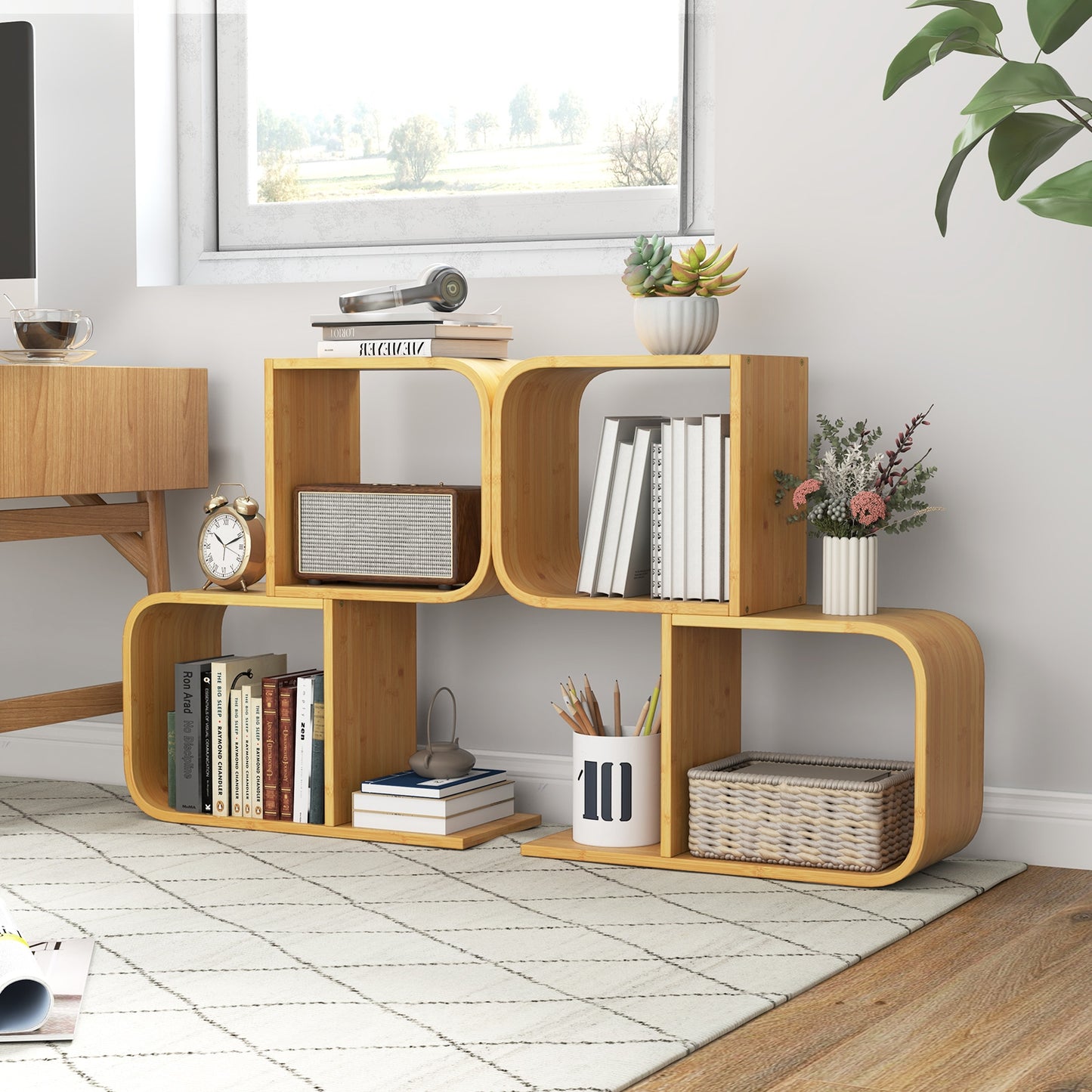 2-Tier S-Shaped Bamboo Bookcase with 2 Open Cubes for Living Room-Natural Kids Crystal
